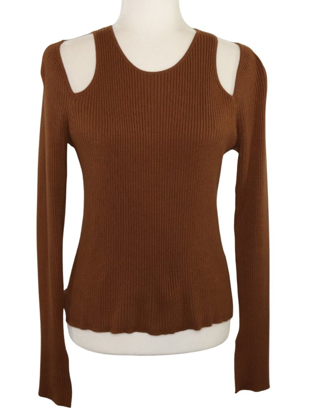 X Calvin Klein Brown Ribbed Stretch Cold Shoulder Sweater